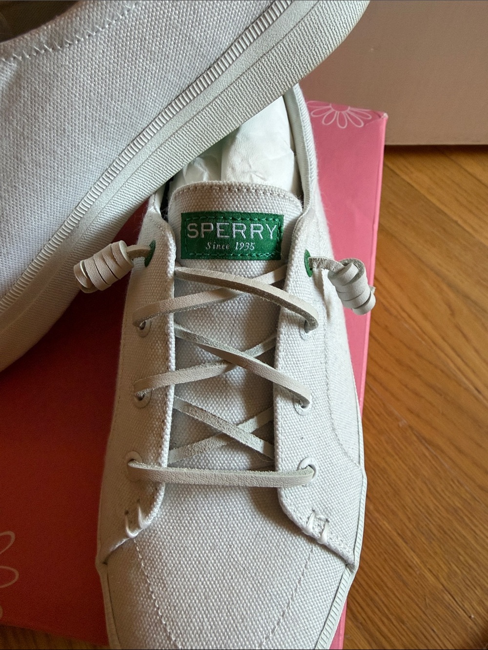 Sperry Off-White Canvas Lace-Up Sneakers with Green Accents - Picture 2 of 6